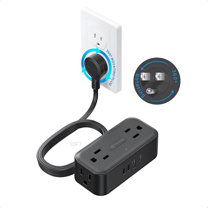 TROND 360° Rotating Flat Plug Power Strip 10ft, 4 Widely AC Outlets, Wall Mount by TRONDOfficial