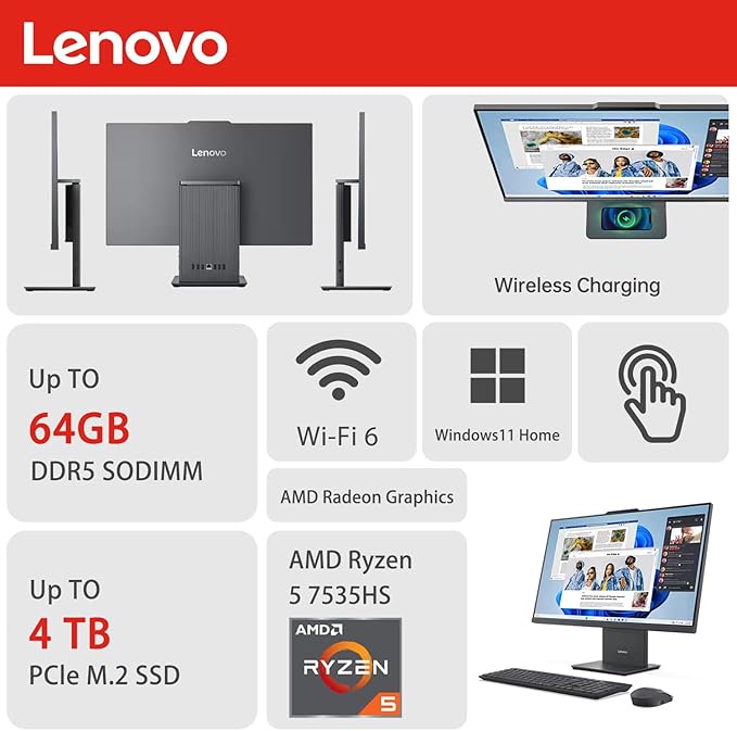 Lenovo IdeaCentre Business All-in-One, 27" FHD Touchscreen 100Hz, AMD Ryzen 5 7535HS, 16GB DDR5 RAM, 1TB SSD, Webcam, Wireless KB & Mouse, Windows 11 Home, Bundle with Adata 64GB USB Flash Drive