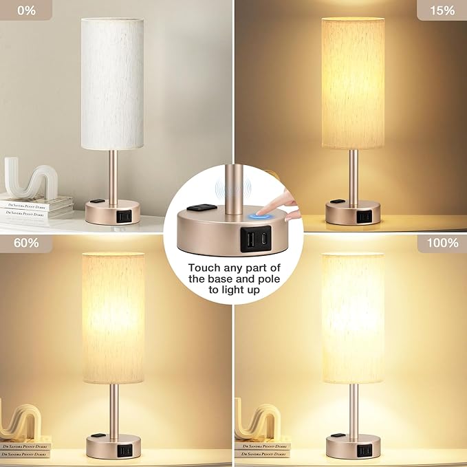 Fenmzee Bedside Table Lamp for Bedroom - 3 Way Dimmable Touch Lamp USB C Charging Ports and AC Outlet, Small Lamp Gold Base Round Flaxen Fabric Shade for Living Room, Desk, LED Bulb Included