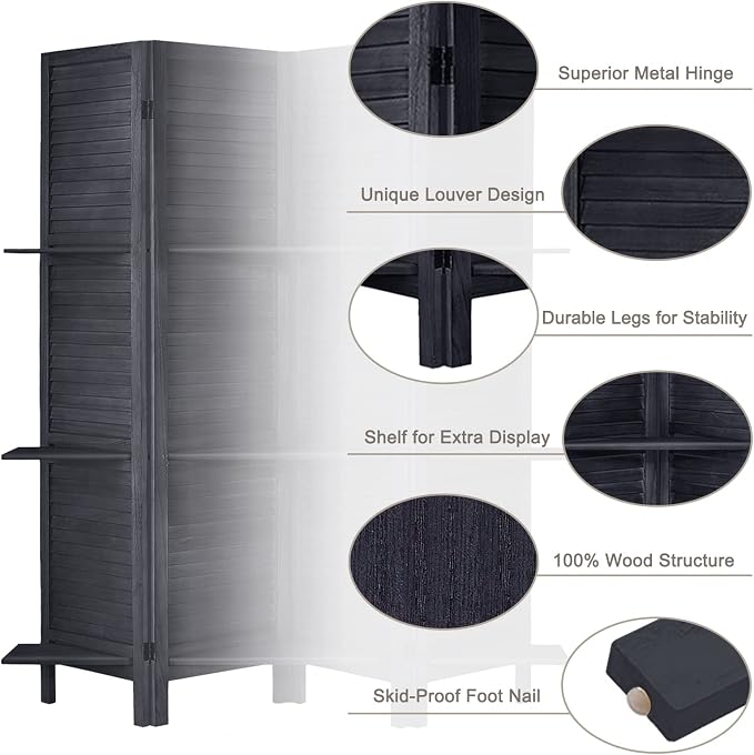 Room Divider with Shelves, 4 Panel Black Privacy Screen | Partition Room - Image 4
