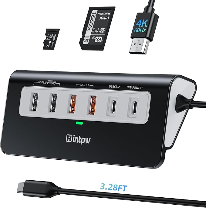 intpw P9 PRO USB C Hub 10Gbps, 9-in-1 USB C Docking Station 3.28FT with 4K@60Hz HDMI, 3 Type-C/A 3.2, 2 Type-A 2.0, PD 100W, SD/TF Port, Black Aluminum USB Hub for Laptop, iPhone 17, MacBook Air/Pro