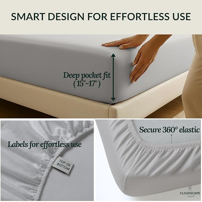 Cloud Scape Linen 100% Egyptian Cotton California King Sheet Set, 400 Thread Count,4 Pieces Luxury Bedding Set, Hotel Quality, Silky Soft, Breathable and Durable, Deep Pockets up to 17, Light Grey