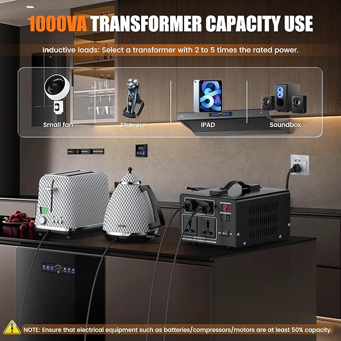 1000W Voltage Converter Transformer Step Up 110V/120V to220V/240V or Step Down 220V to 110V AC Power Converte, Circuit Breaker Protection, 2 US sockets, 2 Universal sockets, LCD Display