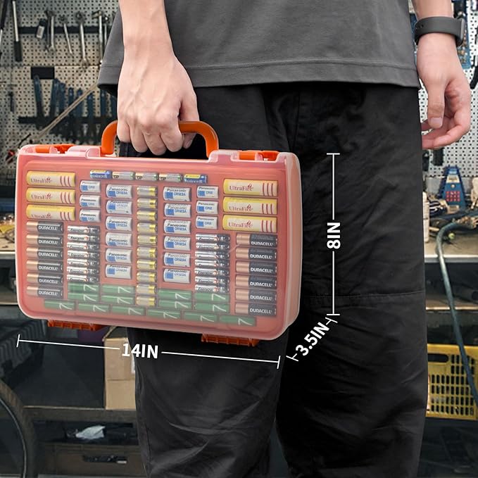Aptbyte Battery Organizer Storage Holder Box Case with Tester- 269 Batteries Double-Sided Variety Pack, Holds AA AAA 4A C D Cell 9V 3V Lithium LR44 CR2 CR123 CR1632 18650 Button- Orange (Box Only)