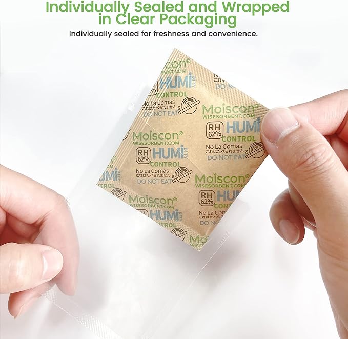Wisesorb 90 Pack 62% RH 8 Gram Two-Way Humidity Control Packs for Storing 1 oz, Size 8 Moisture Control Packets Individually Wrapped