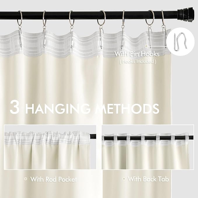 MIULEE Cream Back Tab Blackout Curtains 52x84 Inch Length 2 Panels Set | Rod - Image 3
