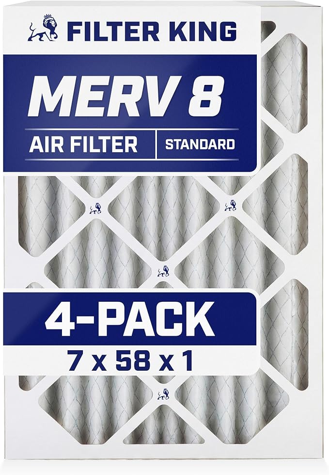 Filter King 7x58x1 Air Filter | 4-PACK | MERV 8 HVAC Pleated A/C Furnace Filters | MADE IN USA | Actual Size: 7 x 58 x .75"