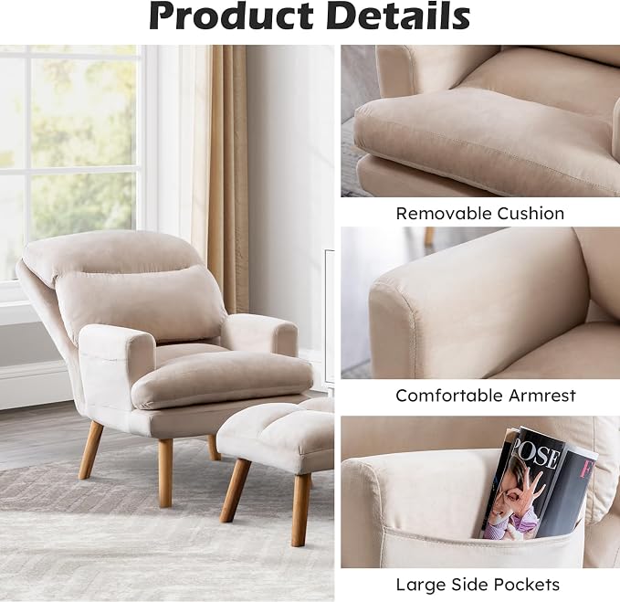 IOMOR Accent Chair with Ottoman Comfy Reading Chair Armchair with Adjustable - Image 5