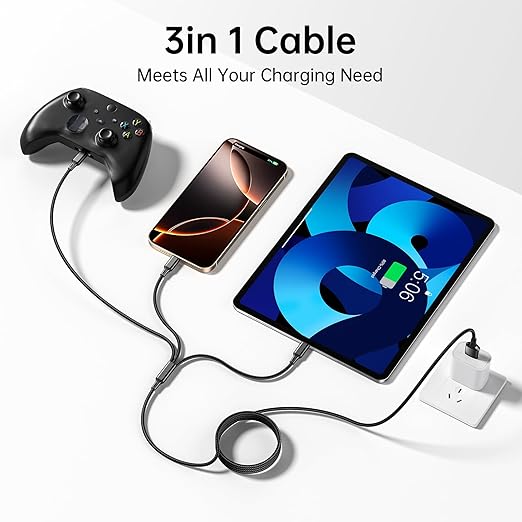 Multi USB Charging Cable 3A, 3 in 1 Fast Charger Cord Connector with Dual Phone/Type C/Micro USB Port Adapter, Compatible with Tablets Phone 12 11 Pro 8 7 6 Samsung Galaxy (4FT/2Pack Charging Only)