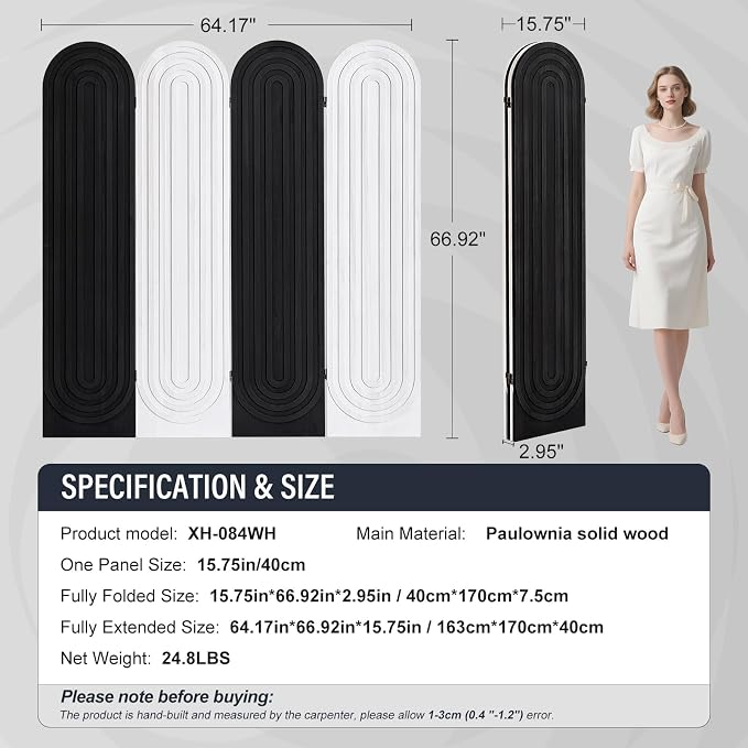 4 Panel Arched Room Divider Screen Folding Privacy Screen, Mix | Paulownia Wood - Image 9