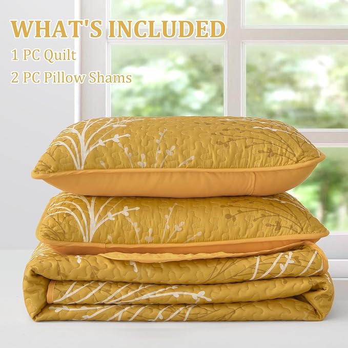DJY Yellow Quilt Set Queen Size Branch Botanical Bedspread Coverlet Set | 3 - Image 7