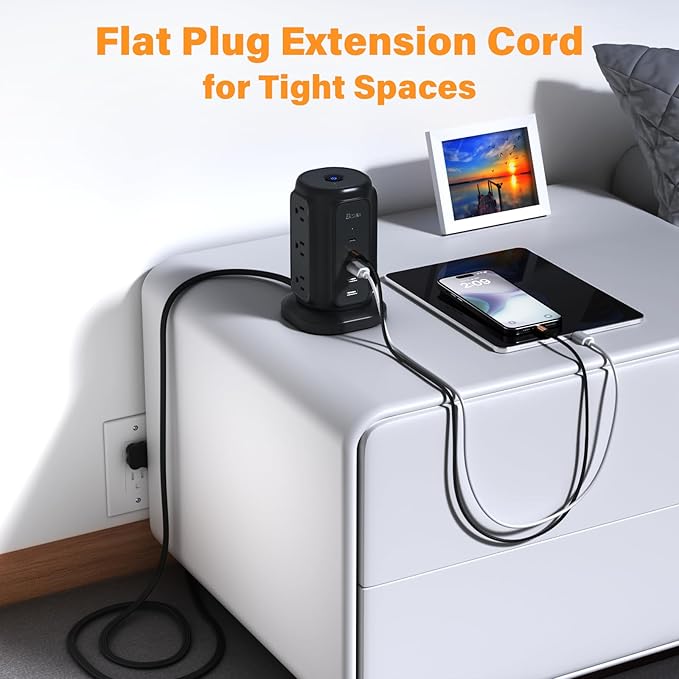 Flat Plug Power Strip Tower with 9 Outlets 5 USB Ports (2 USB C), BESFAN 1625W 6.5Feet Extension Cord with Multiple Outlets, 1200J Surge Protector for Home Office Supplies, Dorm Essentials