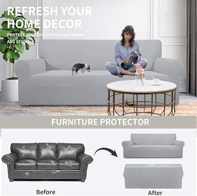 Easy-Going Stretch Oversized Chair Sofa Slipcover 1-Piece Couch Sofa Cover Furniture Protector Soft with Elastic Bottom for Kids Spandex Jacquard Fabric Small Checks Silver Gray