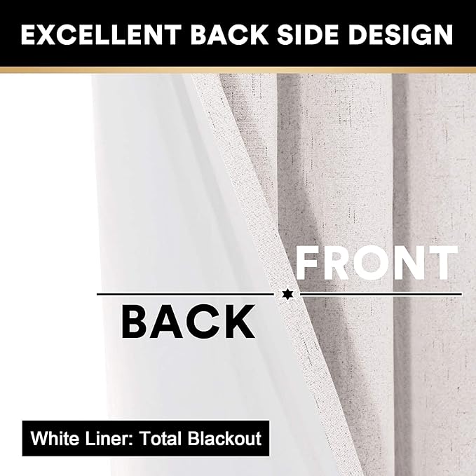 PrinceDeco Linen Blackout Curtains 108 Inch Blackout Curtains 100% Black Out Curtains Linen Look Patio Door Curtains for Sliding Glass Doors Extra Wide Thermal Insulated Drapes,W100 X L108 Inch, Ivory