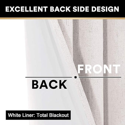PrinceDeco Linen Blackout Curtains 108 Inch Blackout Curtains 100% Black Out Curtains Linen Look Patio Door Curtains for Sliding Glass Doors Extra Wide Thermal Insulated Drapes,W100 X L108 Inch, Ivory