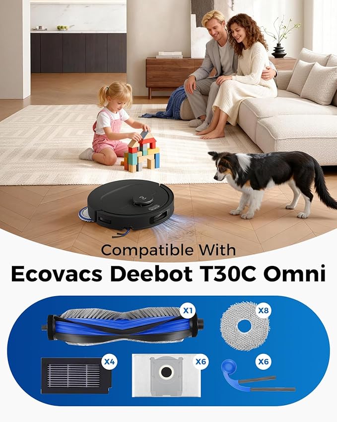 Yivy 27PCS Accessories Kit for Ecovacs Deebot T30C Omni/T30C Omni Gen2 Robot Vacuum Cleaner: 1 Main Brush, 6 Side Brushes, 6 Dust Bags, 4 HAPE Filters, 8 Mop Pads, 2 Cleaning Brushes
