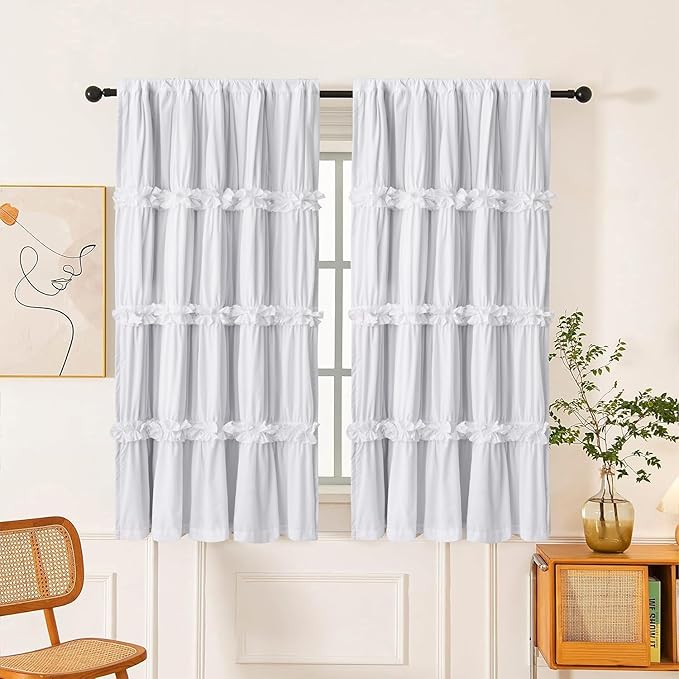 Thermal Insulated Window Curtains 42" W x 63" L | White Boho Ruched Blackout by Homechoice+Decor