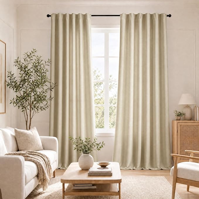 Extra Long Ivory Velvet Curtains Light Filtering Drapes Room Darkening | 50% - Image 2