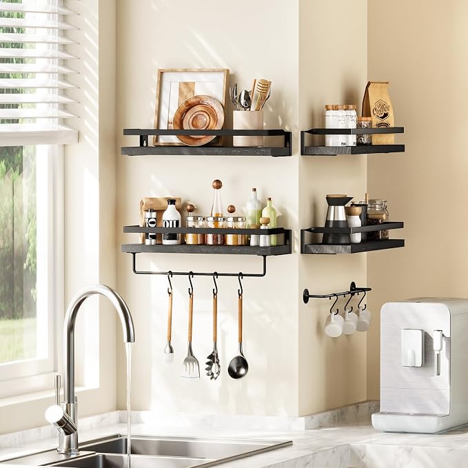 Amada Bathroom Shelves with Towel Bar, Protective Metal Guards, Paulownia Wood - Image 6