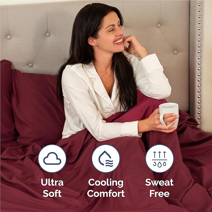 Twin XL 4 Piece Sheet Set - Cooling, Comfy & Breathable - Hotel Luxury Bedding, Includes Fitted Sheet for Women, Men, Kids & Teens - 1 Flat, 1 Fitted Sheet, 2 Pillowcases with Deep Pockets - Burgundy