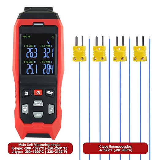 Thermocouple Thermometer Data Logger 4 Channels Digital K Type Thermometer with 5000 Groups Programmable Temperature Recording -328~2501℉ Measuring Range, Audible & Visible Alarm ADJ Compensation