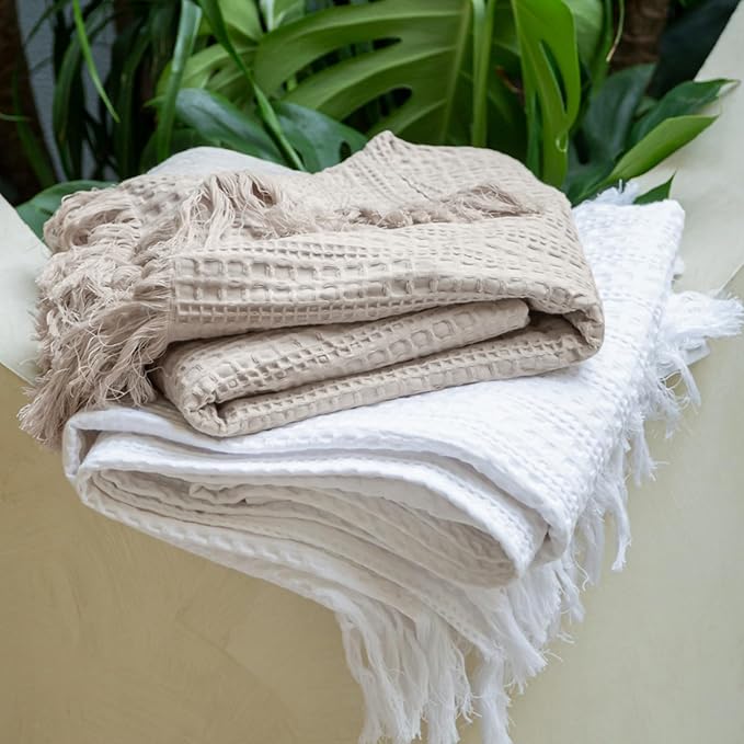 100% Cotton Waffle Blanket with Fringe, Pre-Washed Waffle Weave Blanket for All Season, Lightweight Breathable Soft Cozy Throw Blanket for Couch, Bed, Travel (Beige - 66x90 Inches)