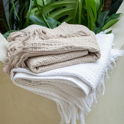 100% Cotton Waffle Blanket with Fringe, Pre-Washed Waffle Weave Blanket for All Season, Lightweight Breathable Soft Cozy Throw Blanket for Couch, Bed, Travel (Beige - 66x90 Inches)