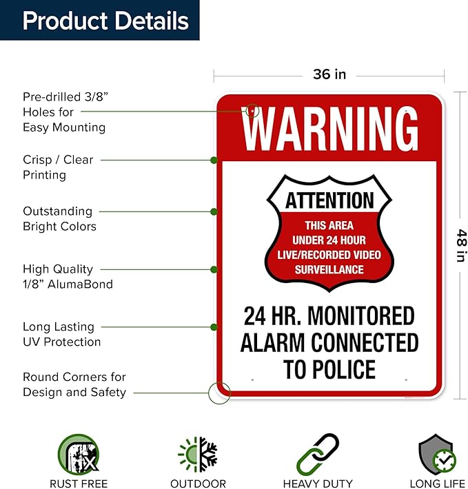 Warning 24 HR. Monitored Alarm Connected To Police Sign, 36x48 Inches, Rust Free DiBound, Fade Resistant, Made in USA by My Sign Center