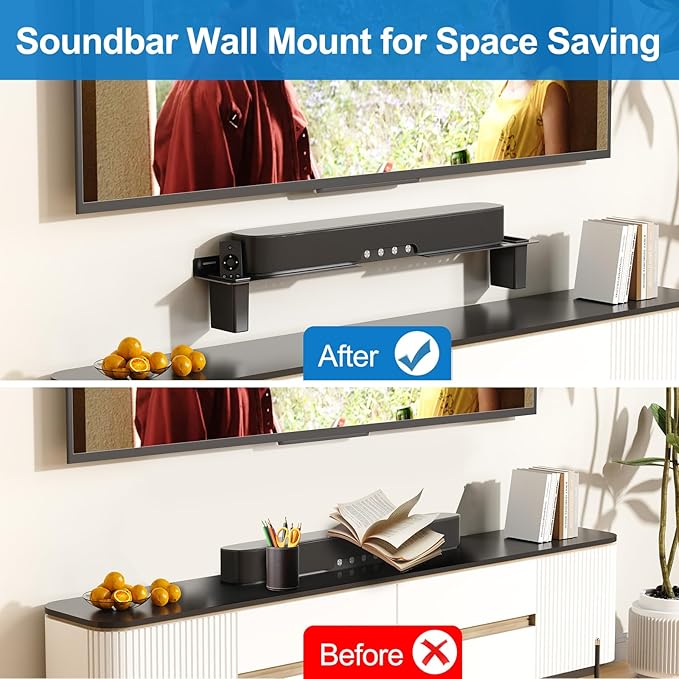 BYMECOST Heavy-Duty Steel Soundbar Mount Under TV with 2 Storage Boxes, Universal 88 Lbs Fit for Large Sound Bars, Sound Bar Wall Mount Bracket Stand Compatible with Samsung/JBL/LG, Complete Hardware