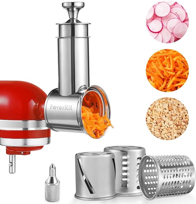 FavorKit Large Stainless Steel Slicer Shredder Attachment for KitchenAid Mixers, Dishwasher Safe Salad Maker, Cheese Grater Accessories with 3 Blades & 1 Knob Thumb Screw