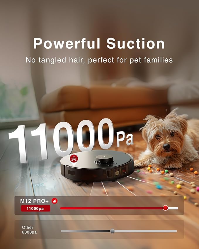 Yeedi M12 PRO Robot Vacuum and Mop Combo, 11000Pa Powerful Suction, ZeroTangle Hair-Free Brush, Auto Mop Washing & Drying, Smart Obstacle Avoidance, Self-Emptying Dock, Ideal for Pet Homes