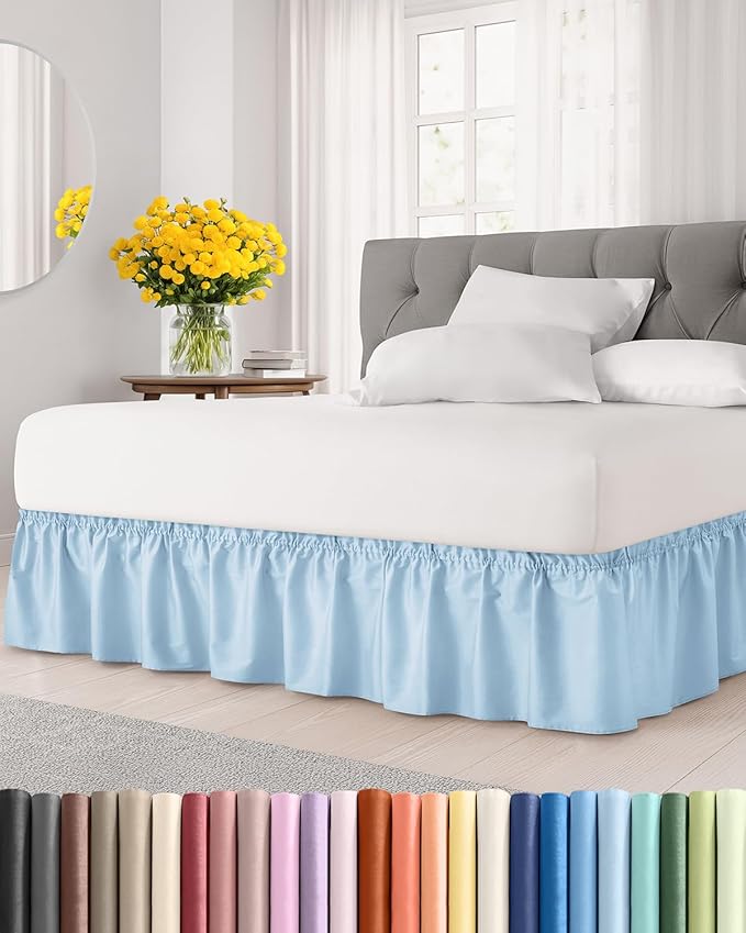 Wrap Around Dust Ruffle Bed Skirt - Light Blue - Twin/Twin XL Size Beds with 15 Inch Drop - Elastic Strap - Adjustable Pleated Bedskirt with Brushed Fabric and Wrinkle Free - Women, Men, Kids & Teens