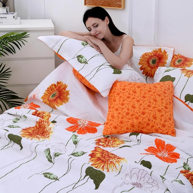 EVENHUG 100% Cotton Quilt King Size Orange Sunflower Bedding Set Floral - Image 3