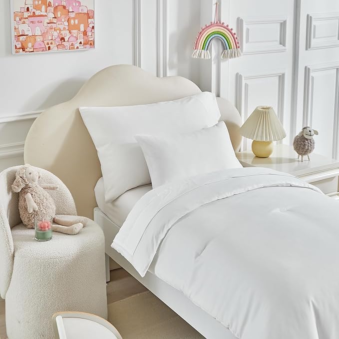 Toddler Bedding Set - 5 Piece Soft and Breathable Toddler Bed Set for Boys and Girls, Includes Quilted Comforter, Fitted Sheet, Flat Top Sheet, Standard Pillowcase and Toddler Pillowcase, White