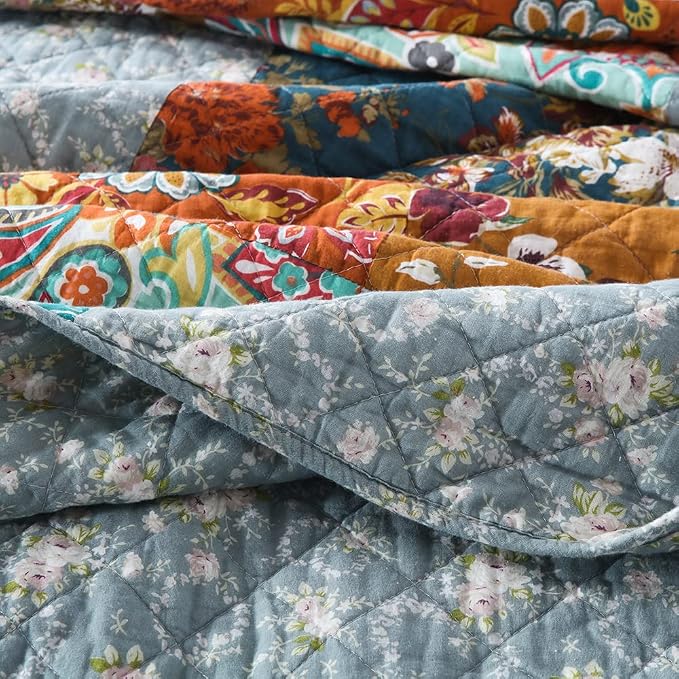 Autumn Dream Cotton Bedspread Yellow Grey Patchwork Quilt, King Size | Cotton - Image 9