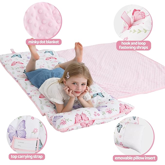 Viviland Toddler Kid Nap Mat for Preschool, White Butterfly Slumber Bag, Daycare Sleeping Bag with Pillow and Blanket, Kindergarten Sleep Mat