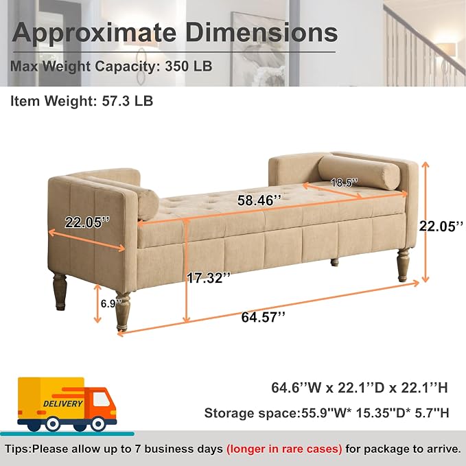 64.6" End of Bed Storage Bench for Bedroom, Sand. | Modern End of Bed Ottoman - Image 2