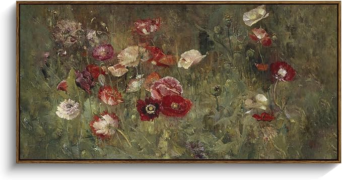 InSimSea Extra Large Framed Vintage Wall Art, Rustic Floral, 40x20in | Poppy by InSimSeaArt