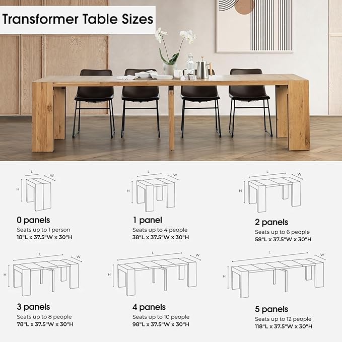 Transformer Table - Solid Wood Extendable Dining Table, Seats 2-12, Extendable Dining Room Table, Space-Saving Furniture, Expandable Dining Furniture (Natural, Table + Coffee Table)