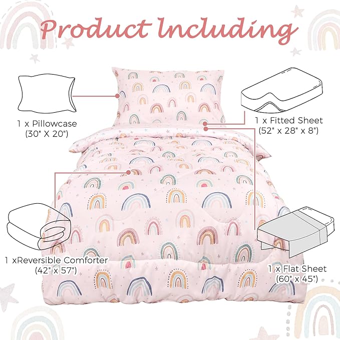Toddler Bedding Set for Girls, 4 Piece Toddler Girl Bedding Set, Super Soft & Lightweight Pink Toddler Comforter Set Includes Comforter, Flat Sheet, Fitted Sheet, Pillowcase (Rainbow)