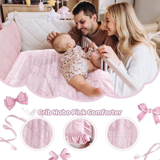 Wowelife Boho Mini Crib Bedding Set for Girls, 3 Piece Tufted Jacquard Ruffle Fringe Baby Girl Crib Bedding Set Newborn, Infant & Nursery with Comforter, Crib Fitted Sheet and Crib Skirt, Pink