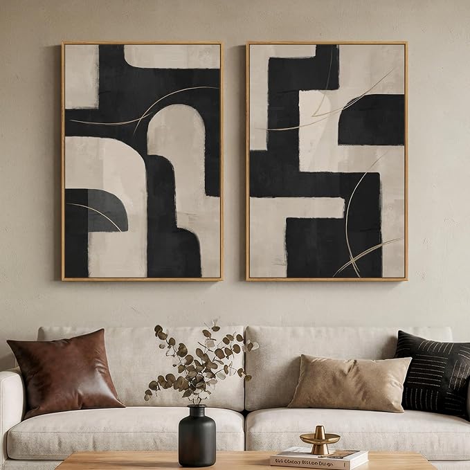Large Framed Neutral Black and Beige Abstract Wall Art Set of 2, 24x36 In | 2 by Cuspin