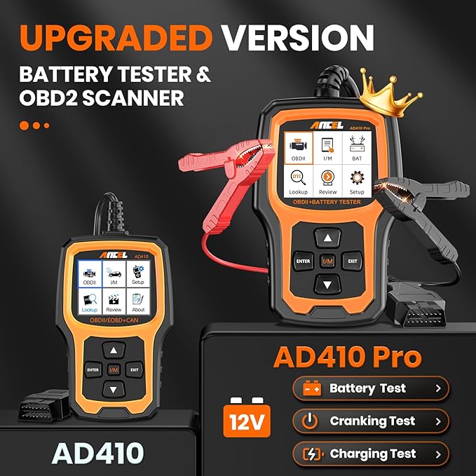 ANCEL AD410 PRO OBD2 Scanner and Battery Tester, 2-in-1 Car Diagnostic Tool, Check Engine Light, EVAP Test, Live Data, 12V Battery Analyzer with Cranking & Charging System Test for Car Motorcycle