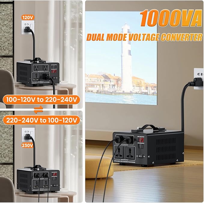 1000W Voltage Converter Transformer Step Up 110V/120V to220V/240V or Step Down 220V to 110V AC Power Converte, Circuit Breaker Protection, 2 US sockets, 2 Universal sockets, LCD Display