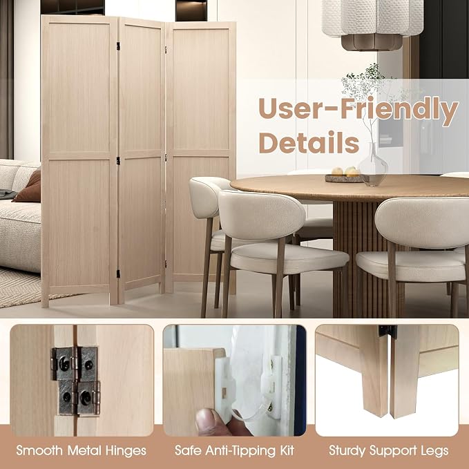 GIANTEX 3 Panel Folding Wooden Room Divider 67" Tall, No Assembly | - Image 5