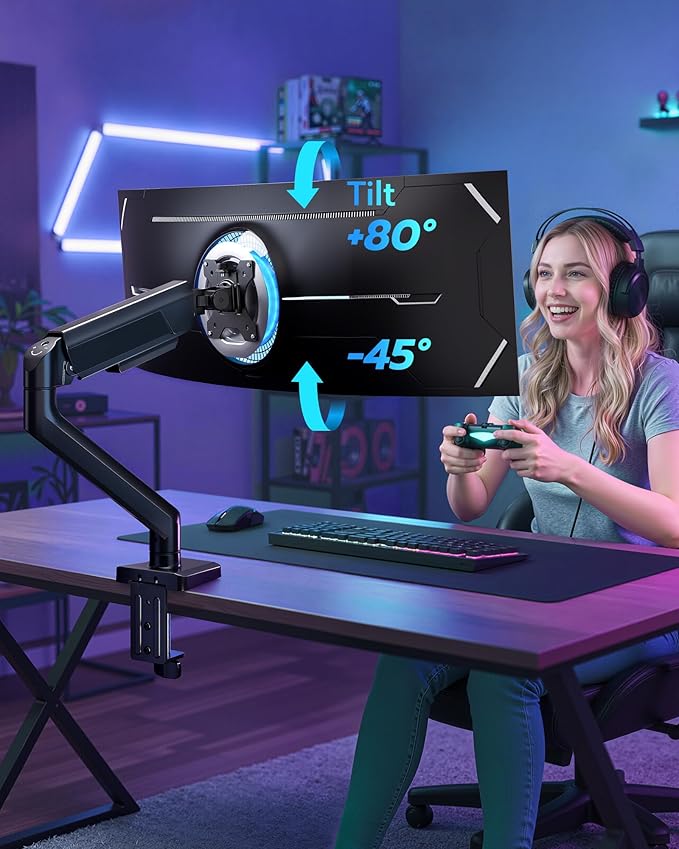 ARES WING Heavy Duty Single Monitor Arm - Fully Adjustable Monitor Mount for 40 34 32 27 Inch Ultrawide Screens Up to 26.4 lbs with Clamp/Grommet Desk Mount and USB A/C, 75/100 Vesa Mount, Black