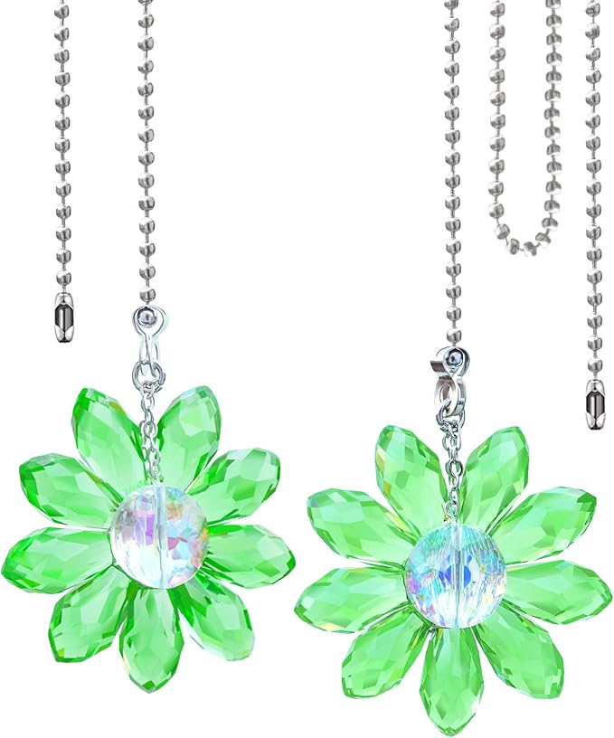 LEFERS Ceiling Fan Pull Chain, 2 Pieces 1.8" Crystal Glass Flower Pendants with 24" Ceiling Fan Chain Extender and Connector (Green)