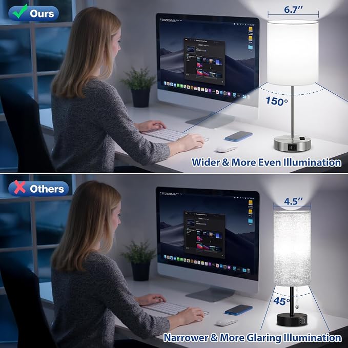 17.6" Silver Touch Lamps for Bedroom Set of 2, USB C+A, AC Outlet | Large 17.6" - Image 2