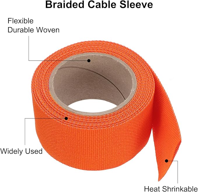 MECCANIXITY Braided Cable Sleeves Heat Shrinkable Fabric Sleeving, 1 1/4" 10ft Orange 2:1 Ratio Heat Shrinkable Cord Protector for Harness Cable, Network Cable Protection, Cable Management