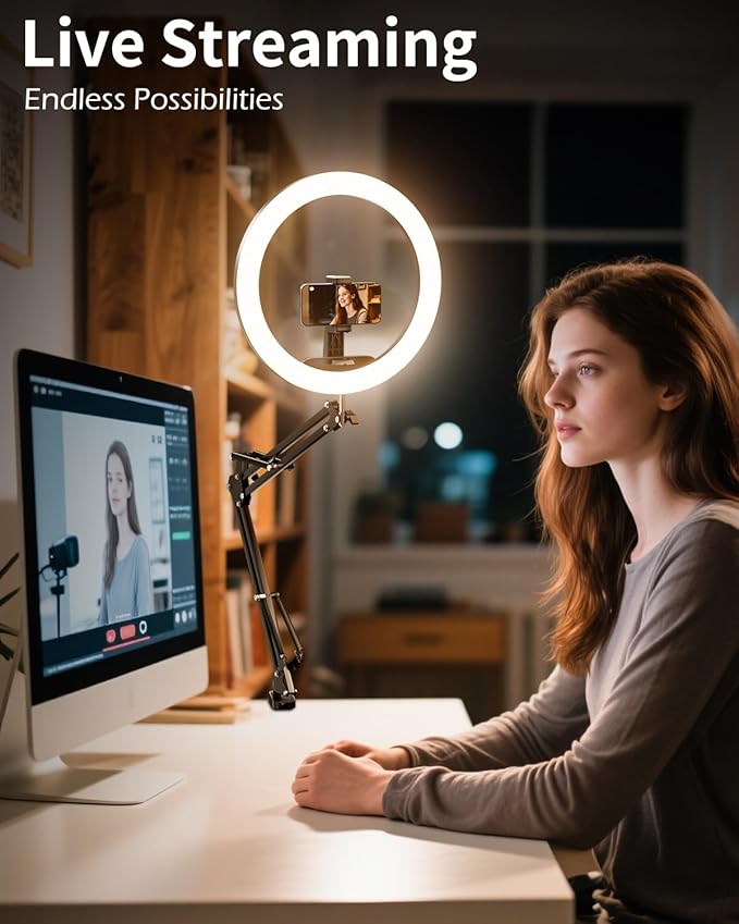 UBeesize 12’’ Ring Light with Overhead Phone Mount, LED Selfie Light with Stand and Phone Holder for iPhone and Laptop, Desk Light for Video Recording, Zoom Meeting, Live Streaming, Tiktok, YouTube